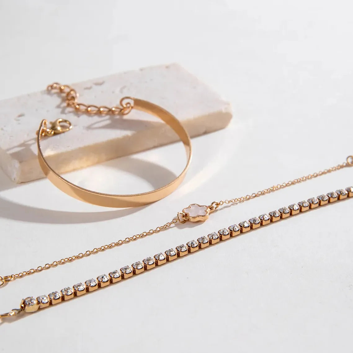 3Pcs Bohemia Minimalism Metal Rhinestone Chain Flower Bracelets for Women Gold