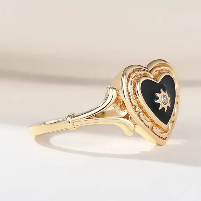 Black Heart Enamel Ring with Sun Design for Women Wedding Party Brass Cubic Zirconia
