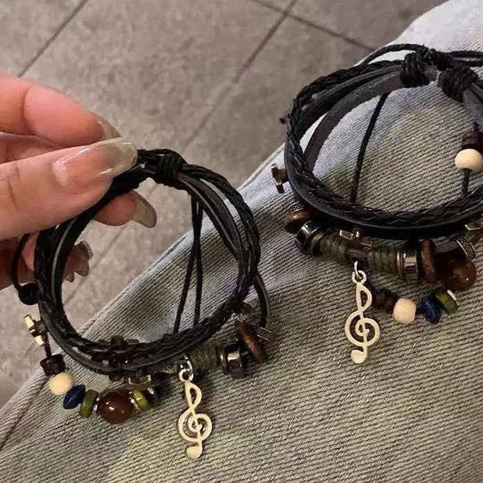 Handmade Brown Leather Hippie Bracelet Women Metal Star Note Charms Wrap Adjustable Boho