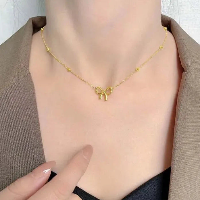 Gold Bowknot Pendant Necklace for Women Beaded Chain Fashion Jewelry