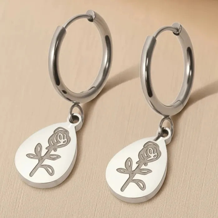 Stainless Steel Teardrop Rose Drop Earrings Romantic Dangle Gift