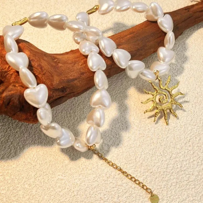 Elegant Handmade Pearl Necklace Gold Lava Twist Heart Pendant Choker Jewelry Gift