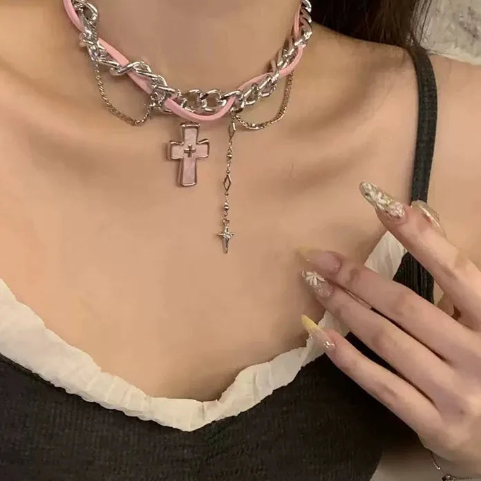 Adjustable Y2K White Zircon Cross Rivet Star Tassel Leather Choker Necklace