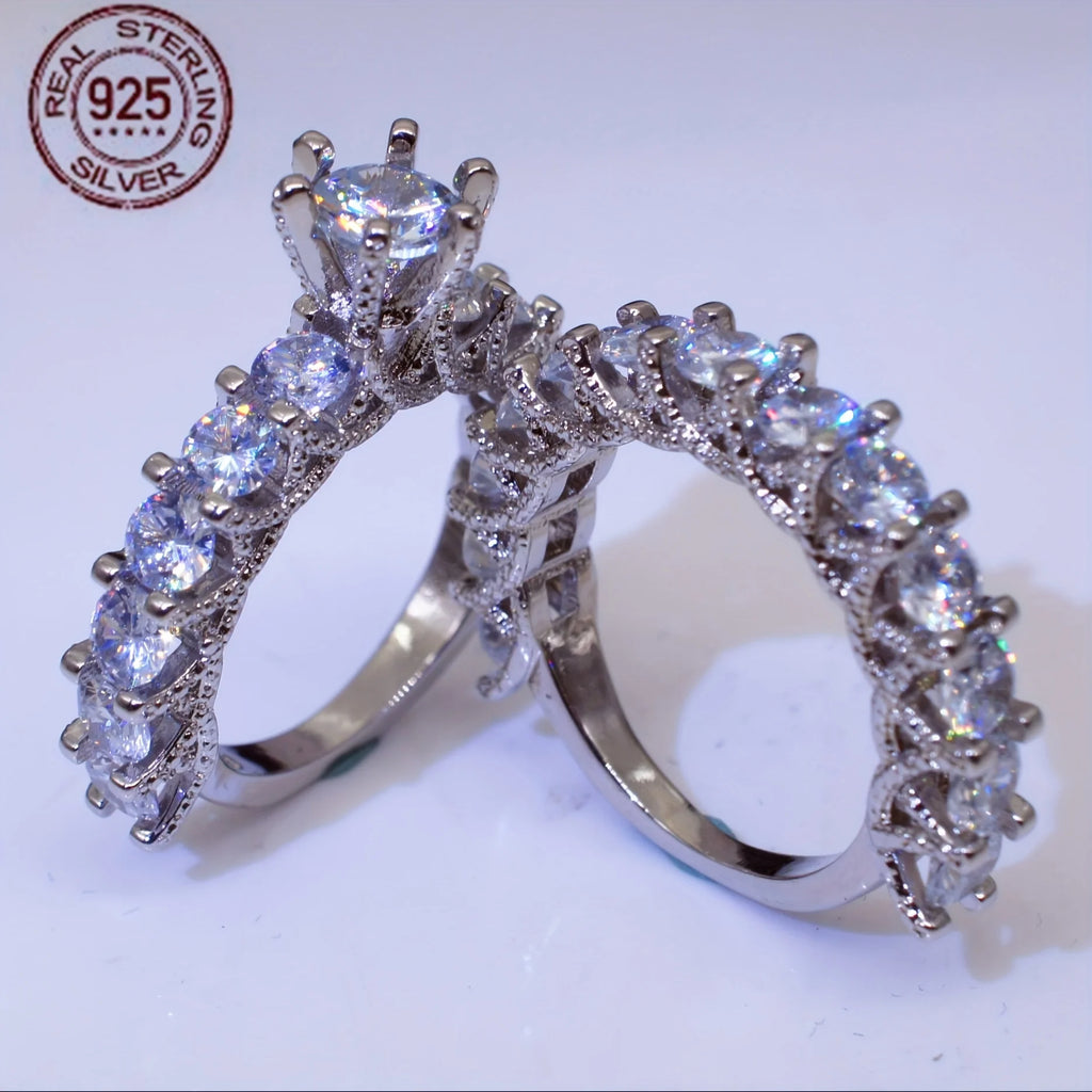 2PCS 925 Sterling Silver AAAAA Zircon Wedding Ring Set Women Engagement