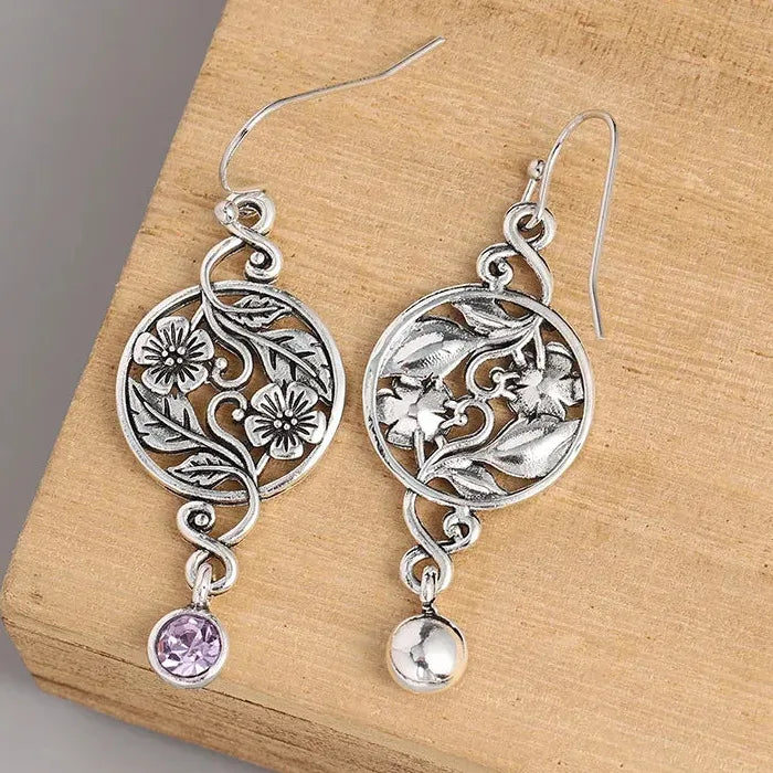Vintage Purple Amethyst Hollow Round Leaves Dangle Earrings Zinc Alloy Boho Jewelry