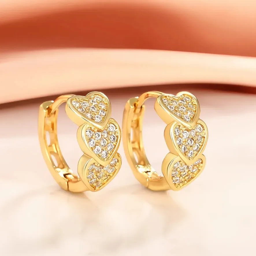 Gold Color Heart Hoop Earrings Women’s Bridal Wedding Dainty CZ Paved Love Jewelry