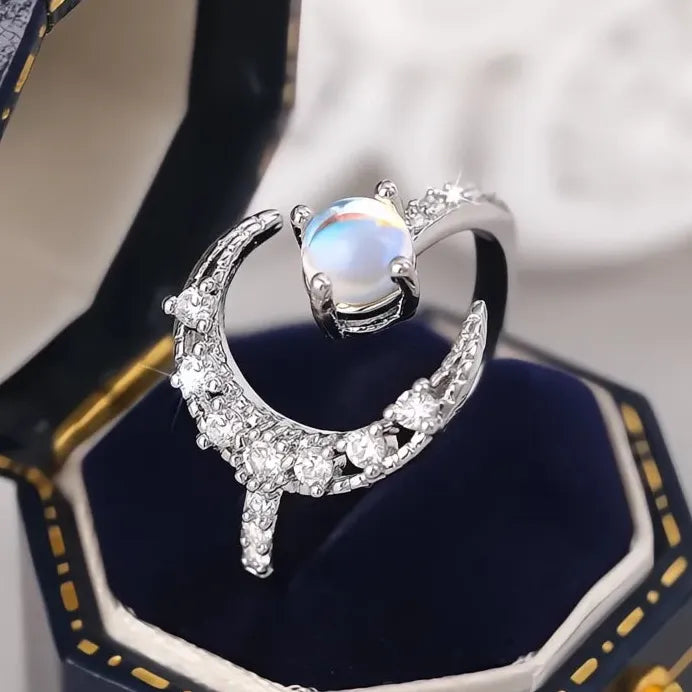 Delicate Adjustable Moon Ring with Simulated Opal & Cubic Zirconia Sparkle