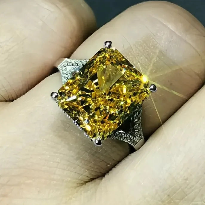 Yellow Square Cubic Zirconia Brass Women's Wedding Anniversary Ring Gift