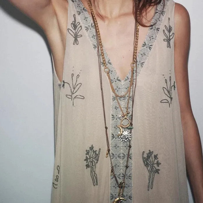 Layered Moon Sun Pendant Necklace for Women Zinc Alloy Vintage Punk Jewelry