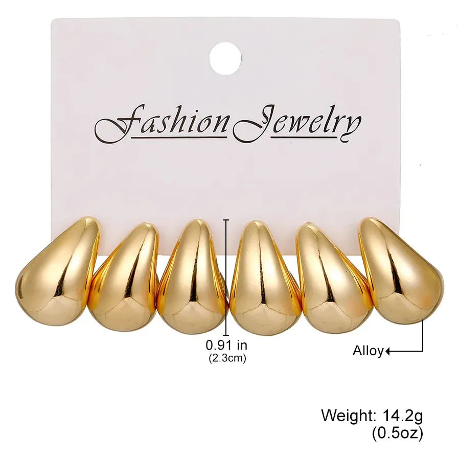 6Pcs Chunky Gold Waterdrop Hoop Earrings Zinc Alloy Vintage Bohemia