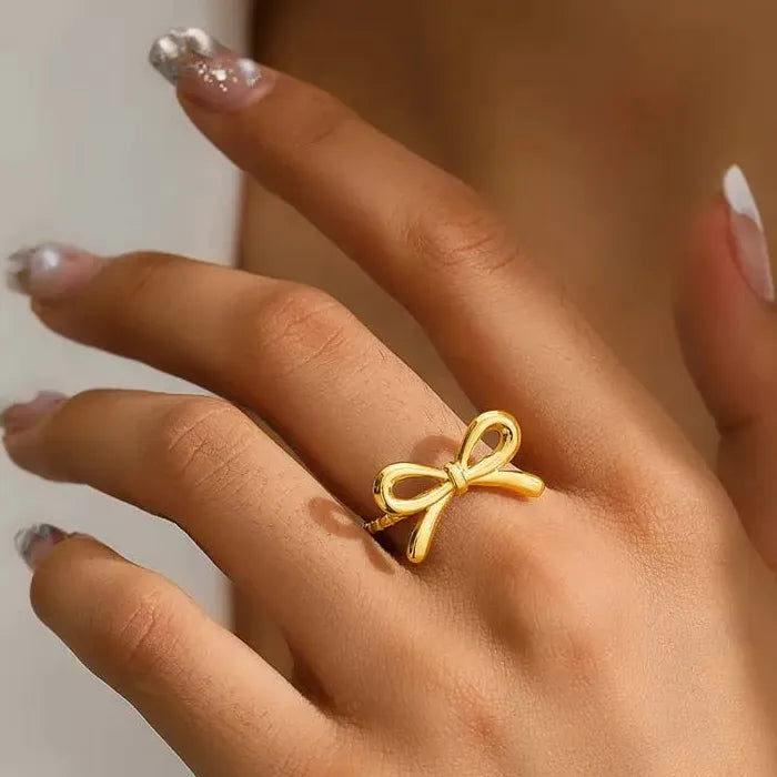 Adjustable Stainless Steel Gold Bowknot Ring for Women Fashion Jewelry Gift