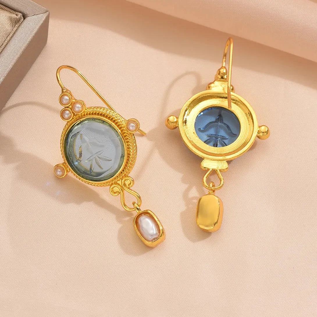 Blue Geometric Inlay Pearl Drop Earrings for Women Party Birthday Jewelry