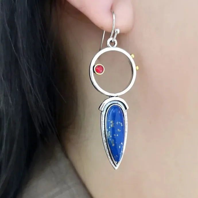 Vintage Geometric Lapis Natural Stone Drop Earrings Bohemian Zinc Alloy