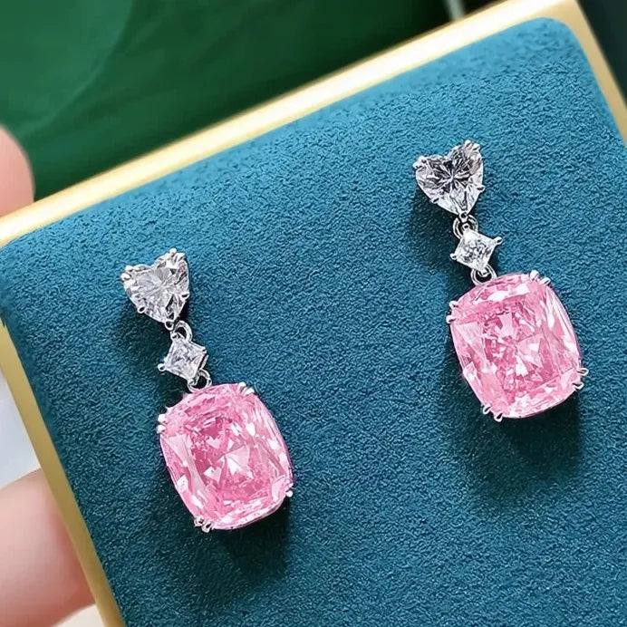 Luxury Bright Pink Geometric CZ Drop Earrings Bridal Wedding Jewelry