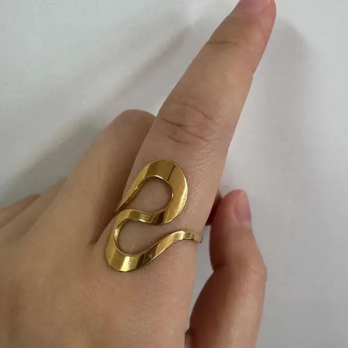 Adjustable Stainless Steel Leaf Wave Line Ring for Women Vintage Gold Jewelry