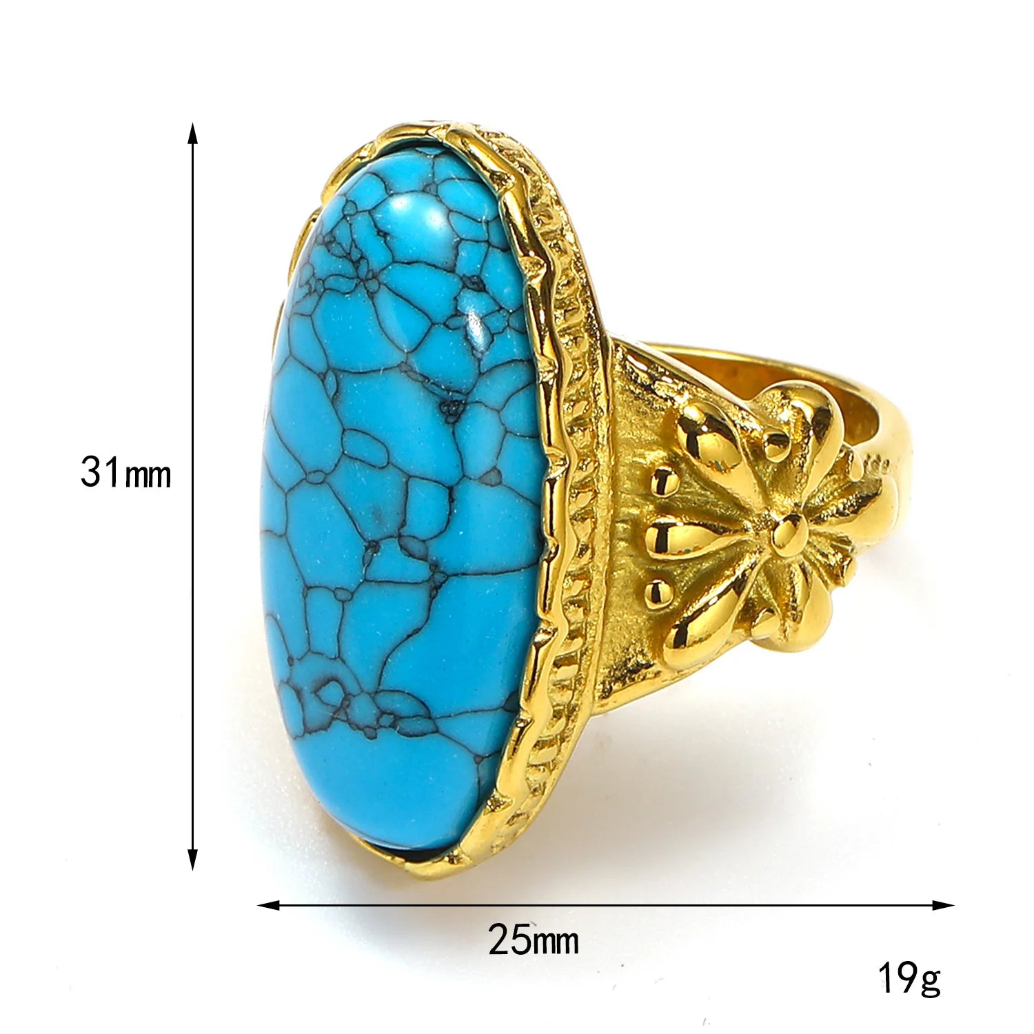 18k Gold Plated Stainless Steel Gothic Turquoise Opal Oversize Knuckle Ring