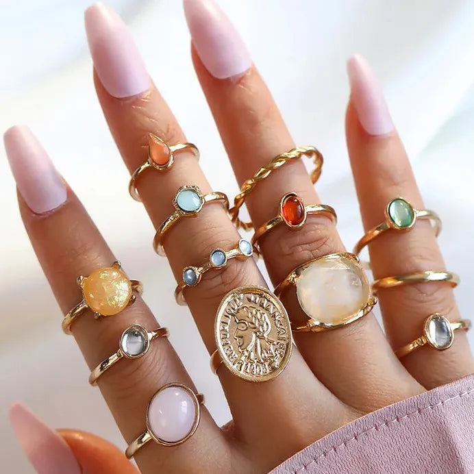 30Pcs Adjustable Vintage Gold Zircon Heart Butterfly Rings Set for Women