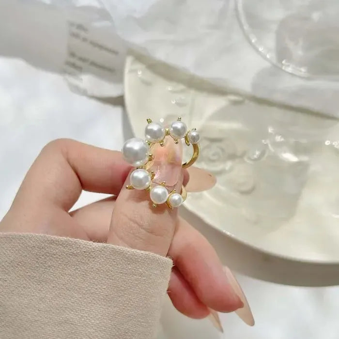 Adjustable Vintage White Pearl Double Layer Geometric Crystal Mood Tracker Ring for Women