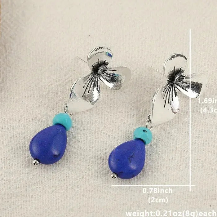 Retro Water Drop Artificial Stone Pendant Earrings Zinc Alloy Flower Leaf Gift