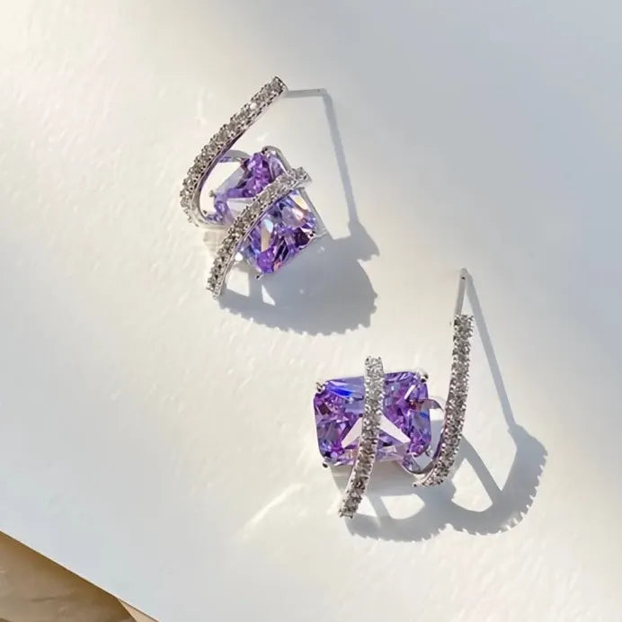 Purple Geometric Cubic Zirconia Stud Earrings for Women Bridal 2023