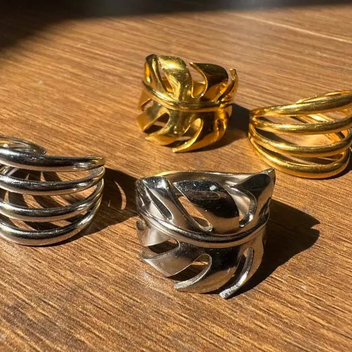 Stainless Steel Leaf Geometric Multi-Layer Open Cocktail Ring for Women Jewelry
