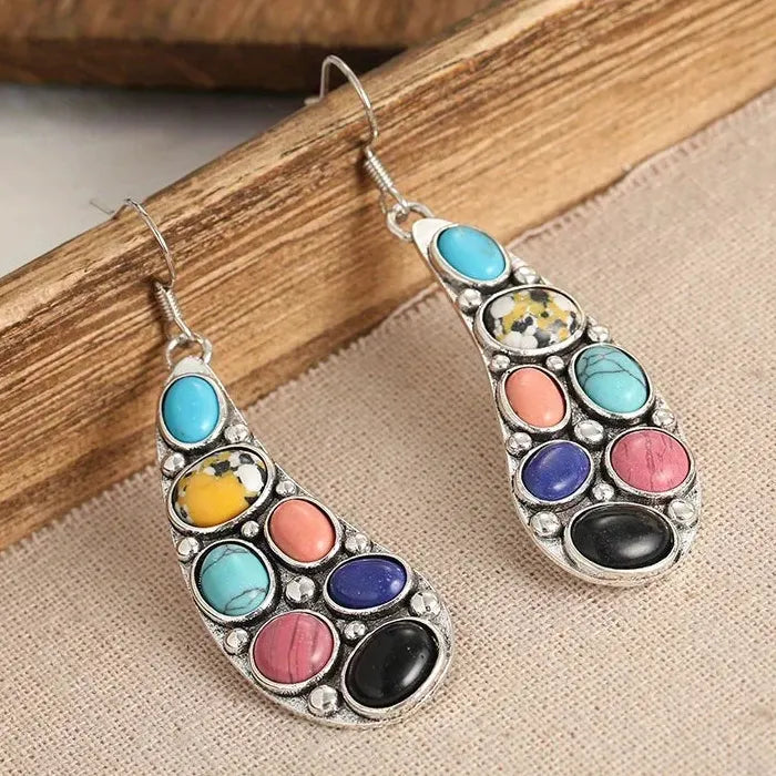 Bohemian Retro Ethnic Long Drop Earrings Green Stone Zinc Alloy Jewelry