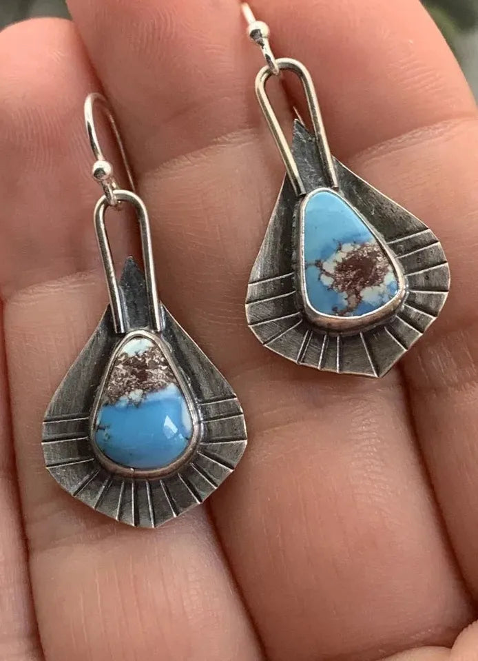 Geometric Irregular Retro Silver Resin Inlaid Long Drop Earrings for Women & Girls