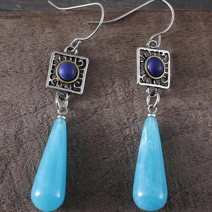 Retro Ethnic Style Two-Color Synthetic Stone Long Water Drop Earrings Zinc Alloy