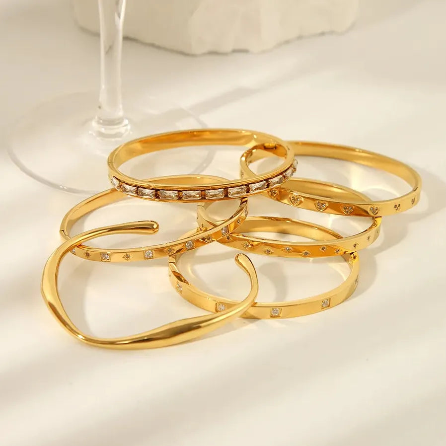 18K Gold Plated Stainless Steel Zircon Rhinestone Twist Open Bangle Bracelet Women