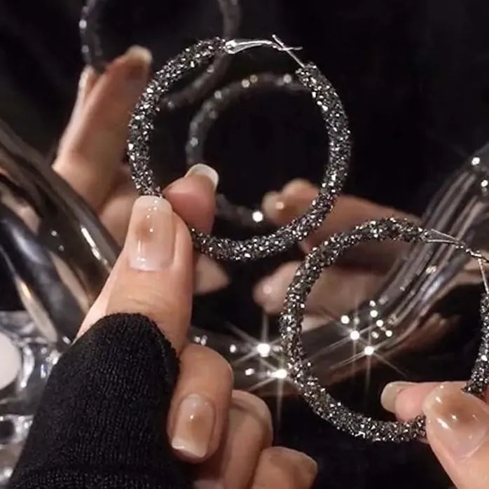 Black Rhinestone Hoop Earrings for Women Elegant Fashion Jewelry