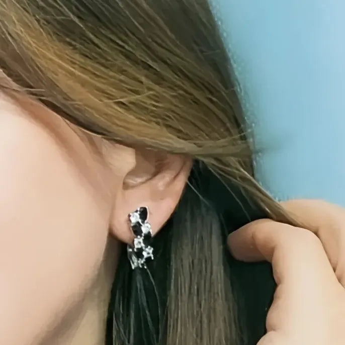 Geometric Black & White Cubic Zirconia Hoop Earrings in Copper Alloy