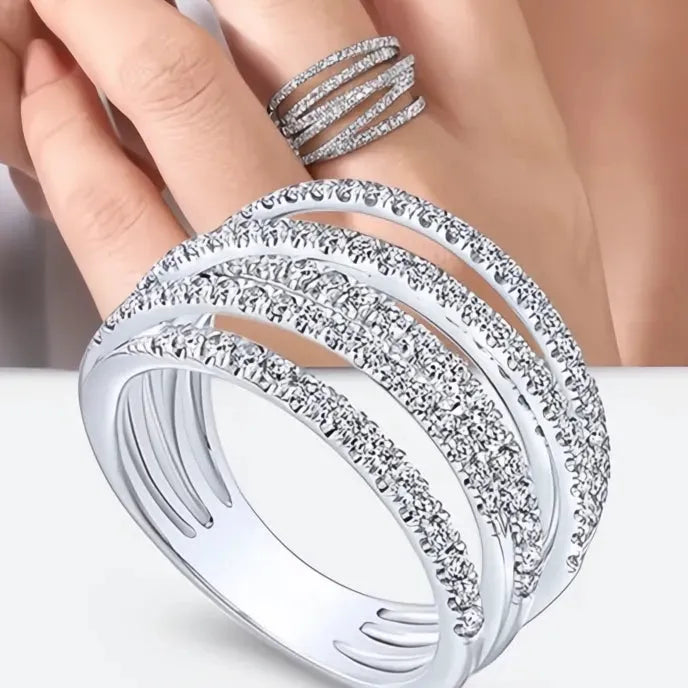 Fashion Multi-Layered Brass Cross Finger Ring with Cubic Zirconia for Women Party Jewelry
