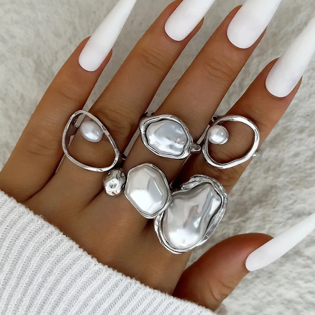 5Pcs Retro Baroque Pearl Asymmetric Geometric Gold Rings Set for Women Jewelry