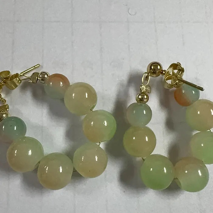 Green Beaded Jade Hoop Earrings for Women Zinc Alloy Jewelry