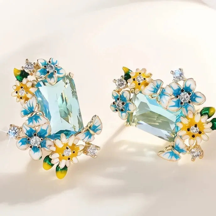 Blue Yellow Flower Enamel Drop Earrings with Sky Blue CZ Cubic Zirconia Brass Jewelry for Women Wedding Party