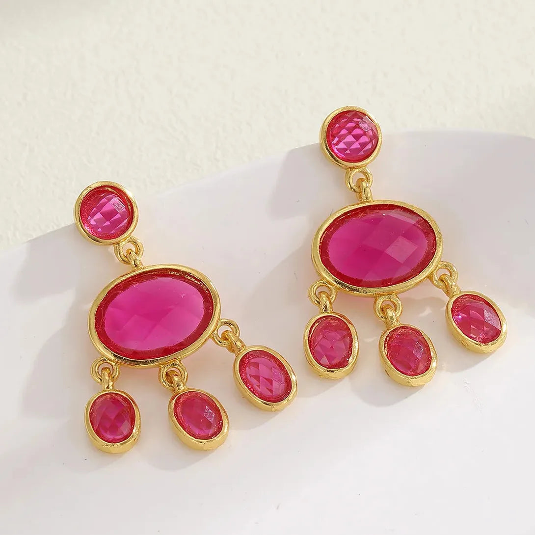 Red Stone Tassel Dangle Earrings for Women Girls Party Zinc Alloy Jewelry
