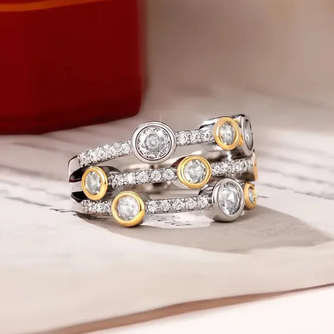 Personality Two Tone Three Line Women’s Wedding Band Ring Brass CZ Sparkling Fashion Jewelry