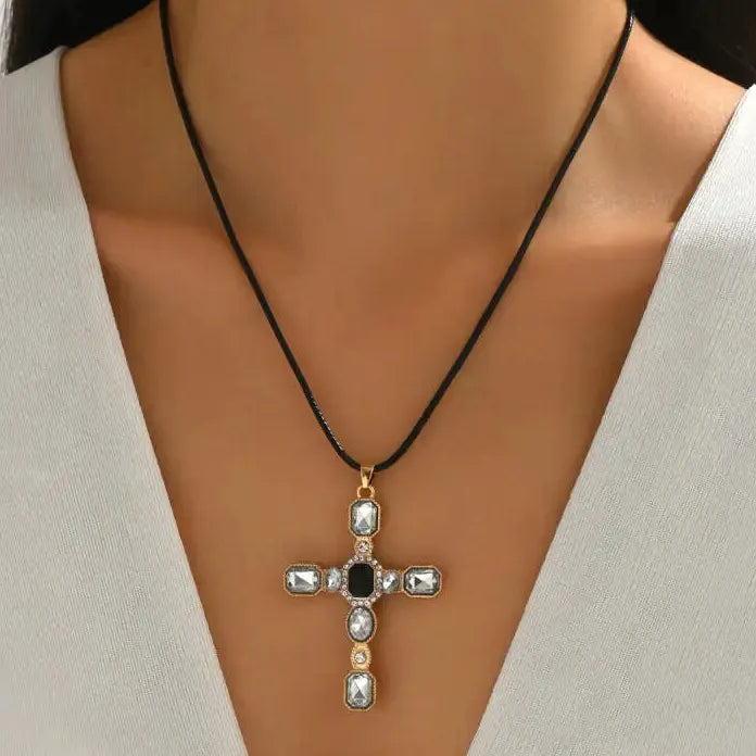 Crystal Cross Pendant Necklace Leather Choker Punk Gothic Hip Hop Unisex Jewelry