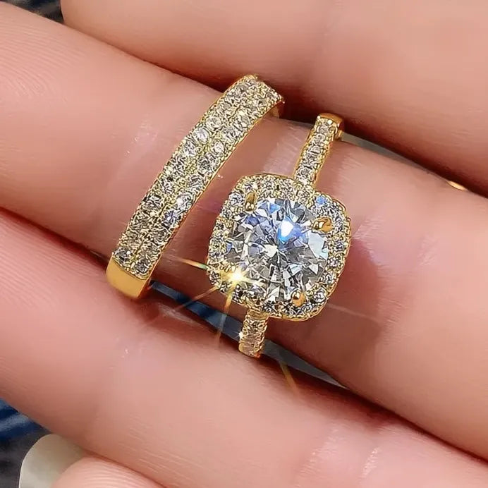 Classic Women’s 2-Piece Gold & Silver CZ Ring Set for Wedding Party