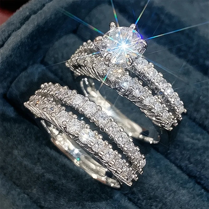 Trendy Hollow Set Rings 2Pcs Full Bling Iced Out CZ Stone Luxury Women Wedding Engagement Jewelry