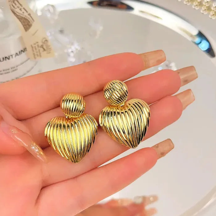 Striped Heart Drop Earrings for Women Gold Zinc Alloy Retro Ball