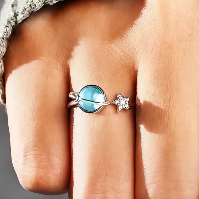 Geometric Blue Planet & Silver Star Pave Opening Rings for Women Gift