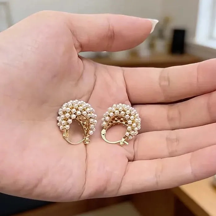 Imitation Pearl Hoop Earrings for Women Girls Hollow Flower Basket Design