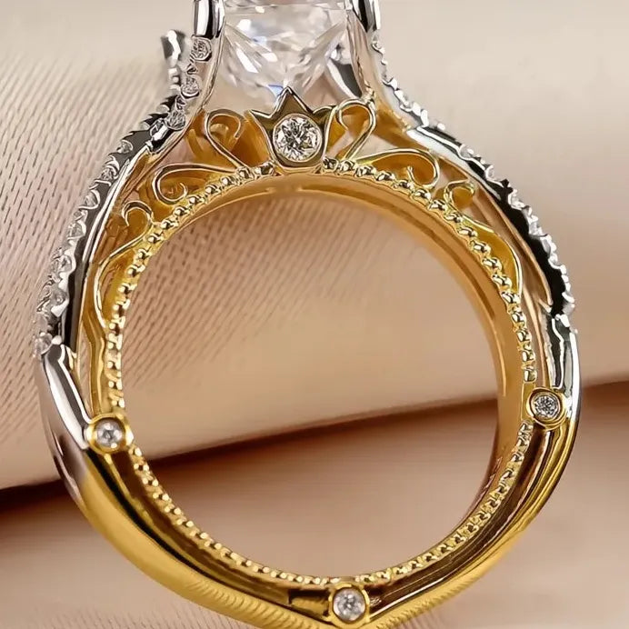 Two-Tone Square CZ Geometric Princess Style Wedding Band Ring Women