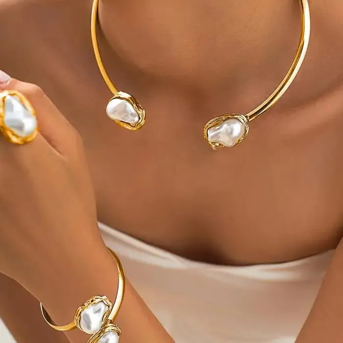 Vintage Baroque Pearl Necklace Bracelet Ring Set Gold Jewelry Gift Elegant