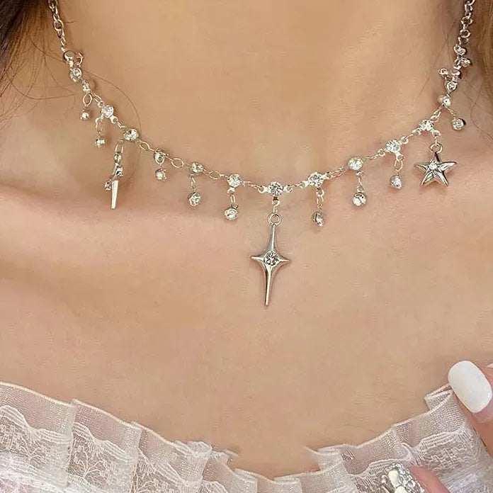 Harajuku Four Pointed Star Tassel Necklace for Women Gift Jewelry