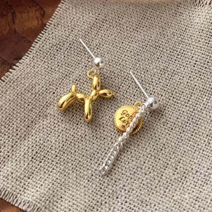Asymmetrical Silver Balloon Dog Tassel Chain Earrings Zinc Alloy 2000s