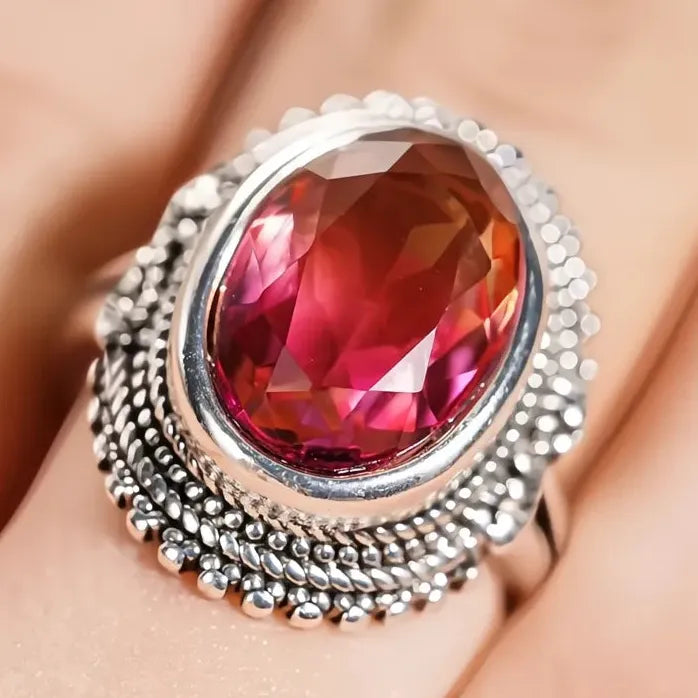 Vintage Geometric Red Cubic Zirconia Brass Ring for Women