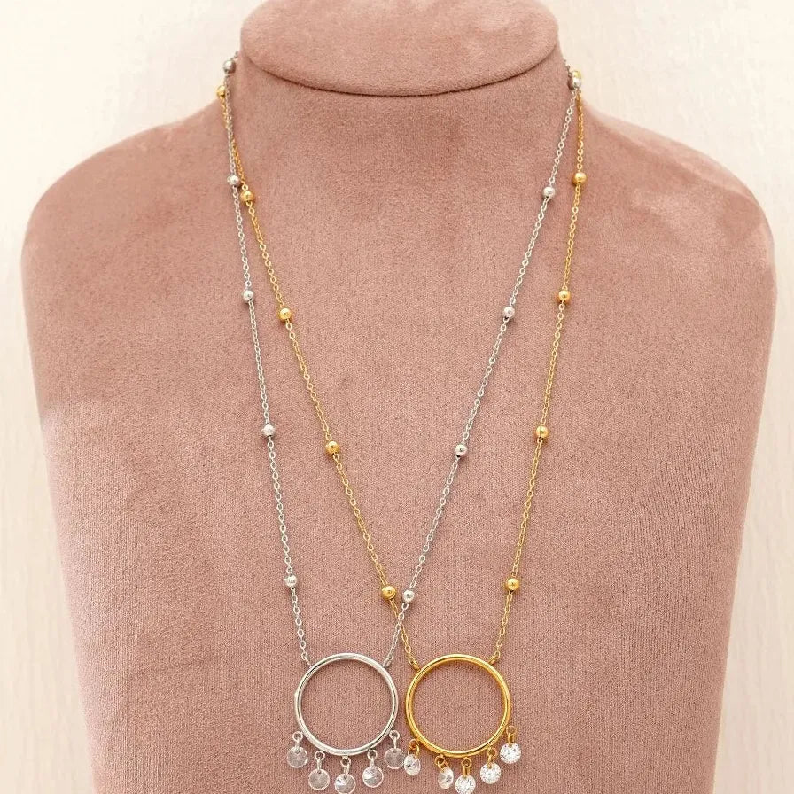 Minimalist Big Circle Zircon Pendant Necklace 18K Gold Plated Crystal Choker Waterproof Jewelry