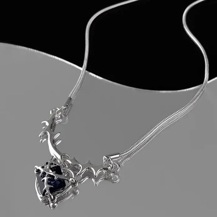 Heart Zircon Pendant Necklace with Irregular Chain Silver Y2K Gift